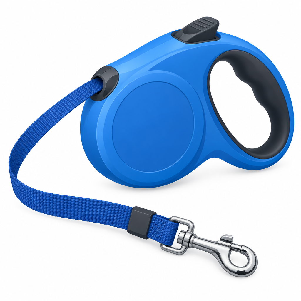 Illustration of a blue retractable dog leash with brake button and nylon lead